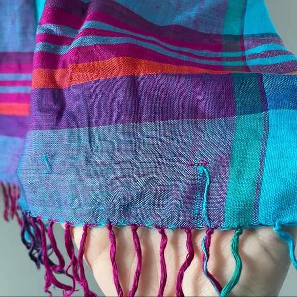 Vintage Echo Square Plaid Scarf Fringe Blue Purple - Picture 5 of 7
